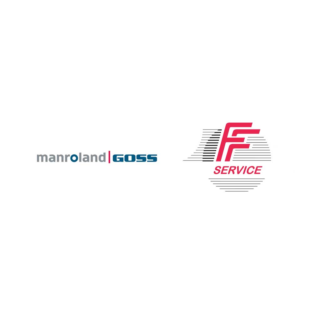 Logos partenaires manroland|GOSS et FF SERVICE côte à côte, fond blanc