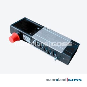 Électrovanne Aventics 0820045022 vue dessus corps aluminium orifices ronds logement solénoïde bouton rouge
