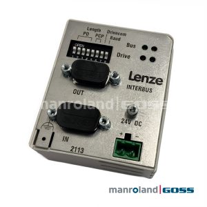 Module communication Lenze INTERBUS EMF2113IB face avant connecteurs IN OUT DIP switch et bornier 24V DC vert