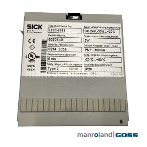 SICK LE20-2611 face arriere etiquette technique 24VDC PNP 500mA Type 2 IP20 Made in Italy