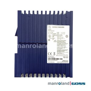 Switch Hirschmann RS20 Rail Switch vue cote boitier bleu marine ailettes etiquette 9.6-60VDC Made in Germany