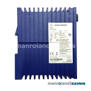 Switch Hirschmann RS20-0800 vue cote boitier bleu marine ailettes etiquette technique Made in Germany