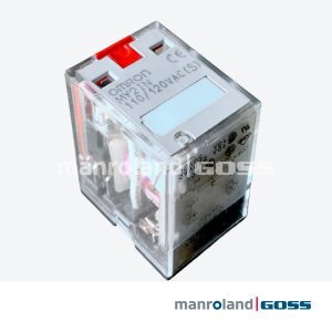 Relais Omron MY2IN 110/120VAC boîtier transparent carré bouton test rouge étiquette CE