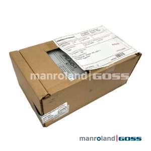 Boite carton IPS.AIO-1 vue 3/4 avec etiquette manroland GOSS et autocollant QS-Siegel