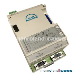 Manroland IPS.BA-1 vue 3/4 connecteurs DB9 X1 Remote IN X2 Remote OUT LEDs statut et IDC bleu ref 16.86959-0001