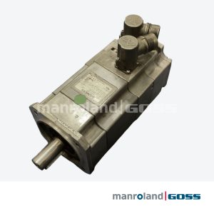 Servomoteur brushless Siemens 1FK6042-6AF71, vue oblique d'ensemble avec boîtier cannelé gris, connecteurs circulaires Siemens et arbre de sortie