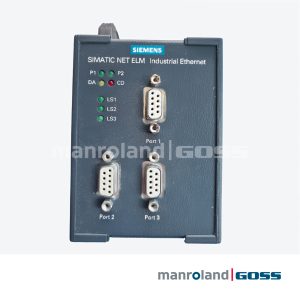 Siemens SIMATIC NET ELM Industrial Ethernet 6GK1102-5AA00 face avant - boitier gris fonce, LEDs P1 P2 verts DA jaune CD rouge, LEDs LS1 LS2 LS3 verts, 3 connecteurs Sub-D 9 broches Port 1 Port 2 Port 3