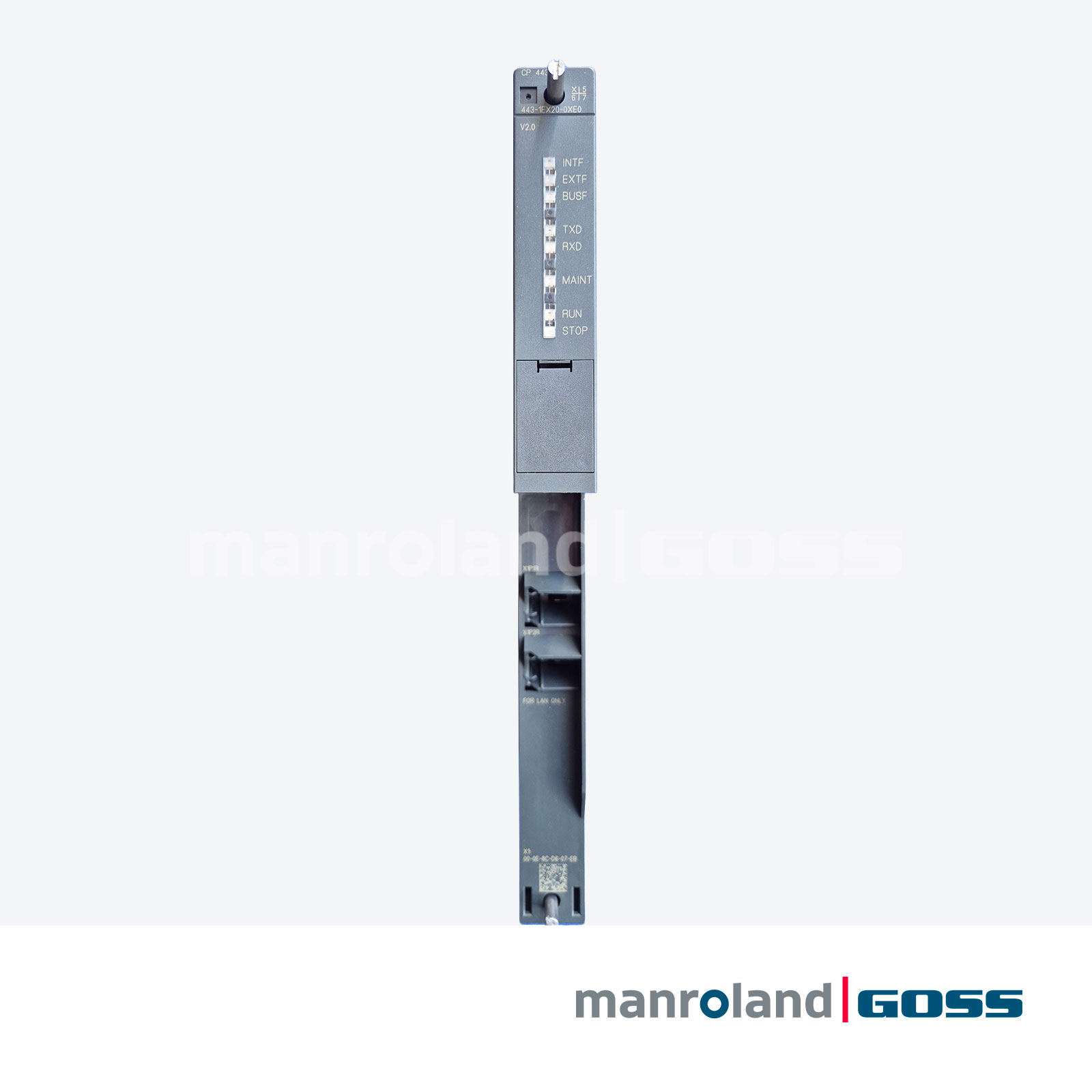 Siemens SIMATIC NET CP 443-1 Industrial Ethernet 6GK7 443-1EX20-0XE0 face avant - CP 443 V2.0, LEDs INTF EXTF BUSF TXD RXD MAINT RUN STOP, slot memoire, connecteur ethernet LAN, adresse MAC 00-0E-8C-D8-07-EB, connecteurs X15/X17