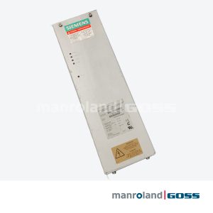 Siemens SIMOVERT Braking Unit 6SE7031-6EB87-2DA0 vue oblique, grand boîtier rack argenté, logo Siemens, étiquette danger et plaque signalétique