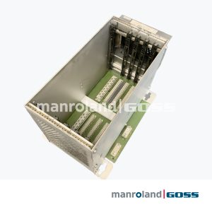Vue trois quarts châssis rack VME manroland PECOM UC-3 BP-UC3 grille ventilation connecteurs Interbus