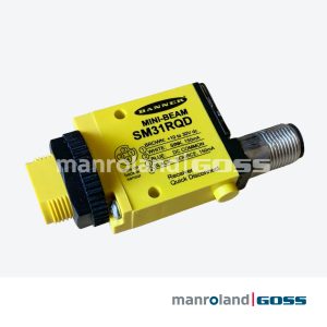 Récepteur Banner Mini-Beam SM31RQD vue oblique étiquette câblage quatre broches connecteur M12