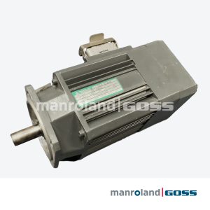 Moteur DC Baumüller DS 56-S, vue oblique complète avec boîtier compact gris, plaque signalétique verte, connecteur Amphenol et arbre de sortie