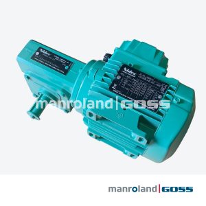 Motoréducteur Nidec Leroy-Somer LS56M/T vue oblique boîtier turquoise arbre sortie câble alimentation