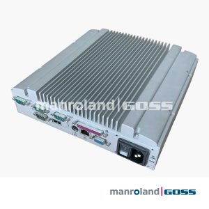 PC industriel Axiomtek boîtier aluminium avec radiateur ailettes dessus et panneau I/O Sub-D USB PS2 VGA RJ45