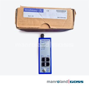 Hirschmann RH1-TP Rail Hub 943639-002 avec boite origine - hub bleu compact 4 ports RJ45 Port1-4 en 2x2, LEDs P1 P2 1 2 3 4 DA/STAT, clip DIN, borne terre, etiquette boite CE 943 639-002