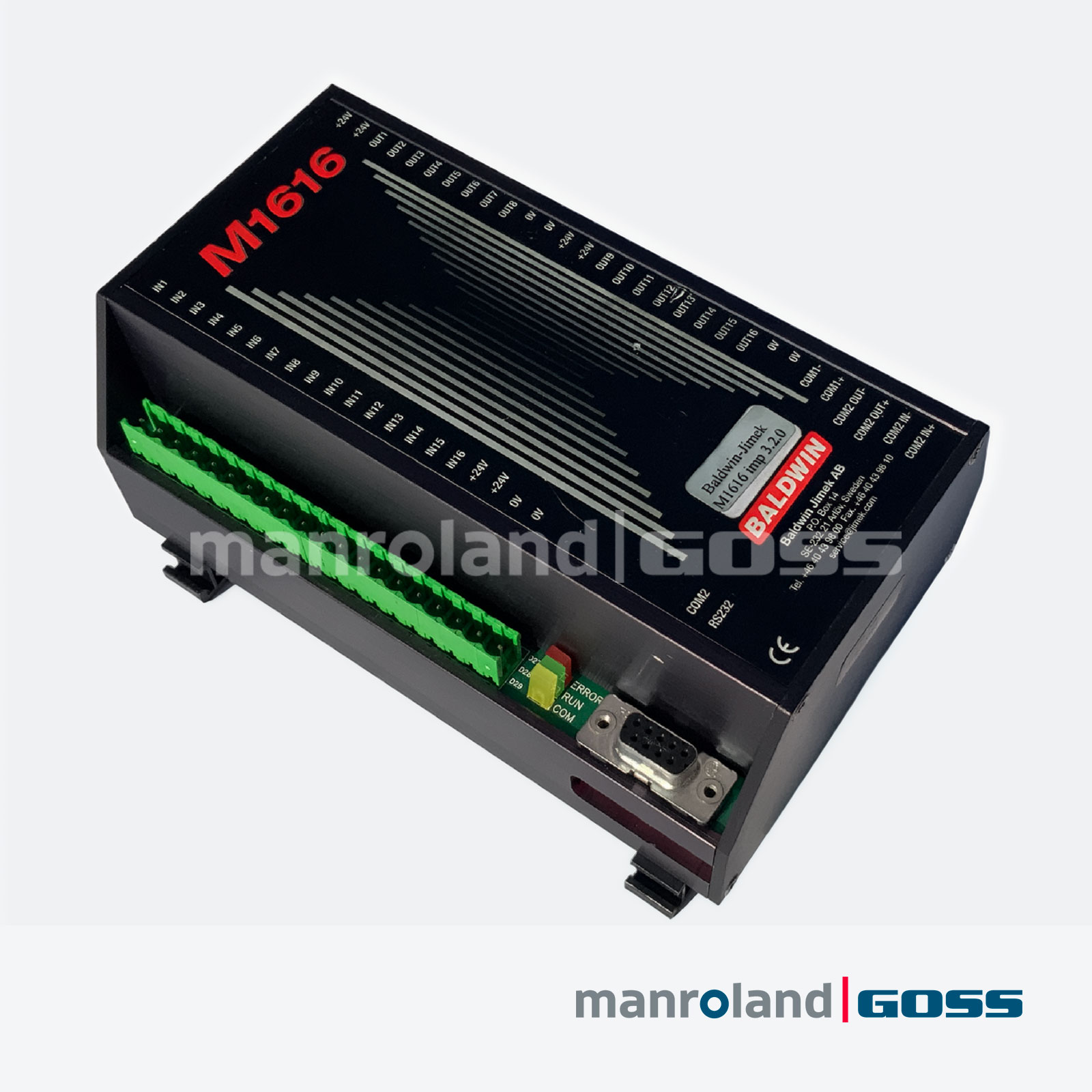 Baldwin Jimek M1616 controleur communication RS-485 DIN rail — 16 entrees 16 sorties +24V borniers verts LED et DB9 RS232