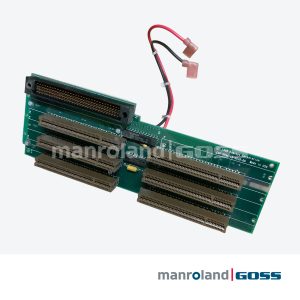 Backplane Radisys EXP-BP4A 60-0038-00 vue oblique, PCB vert 4 slots ISA marron, grand connecteur expansion noir P1/P3/P4, fils alimentation rouge/noir cosses roses, Made in USA