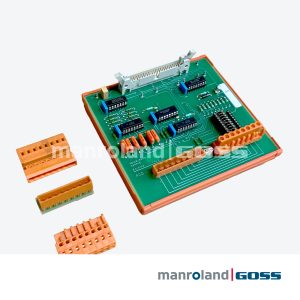 Carte Heidelberg Harris E210728 PCQ II dans boîtier orange, vue oblique avec CI DIP, trimers bleus et borniers débranchés