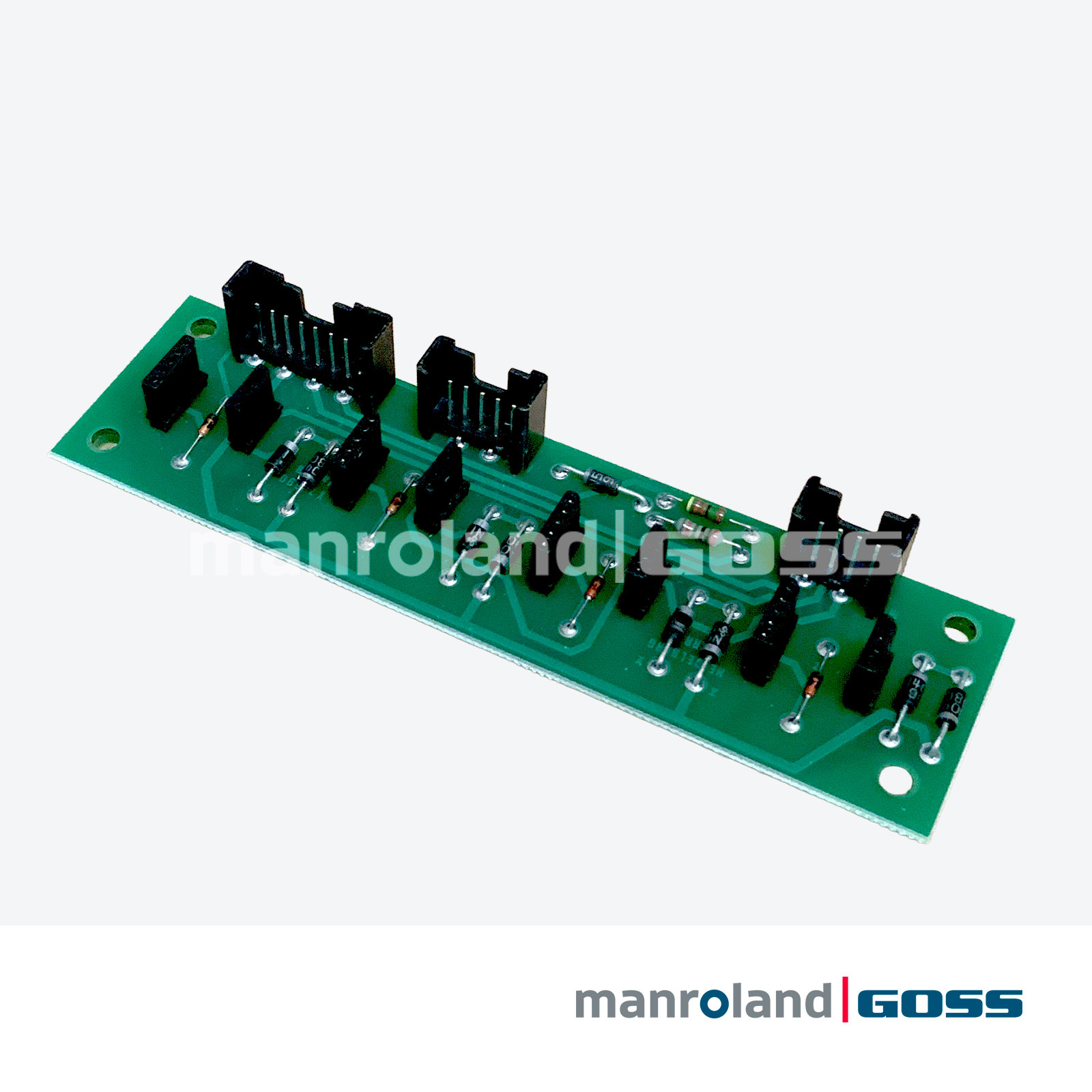 Carte Efisystème STA005 E211328, petite PCB longue format verte, face composants avec diodes, résistances et connecteurs IDC noirs, vue oblique