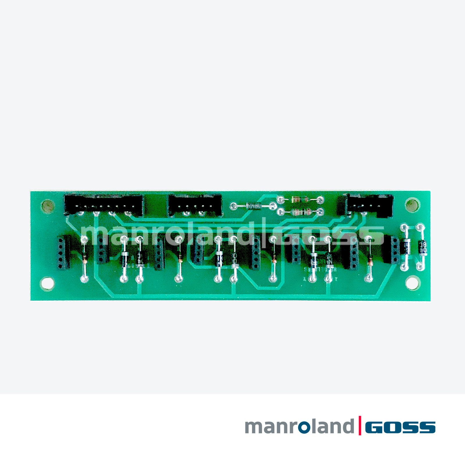 Carte STA005 E211328 Efisystème, petite PCB longue format verte avec diodes, résistances traversantes et connecteurs IDC noirs, vue de face