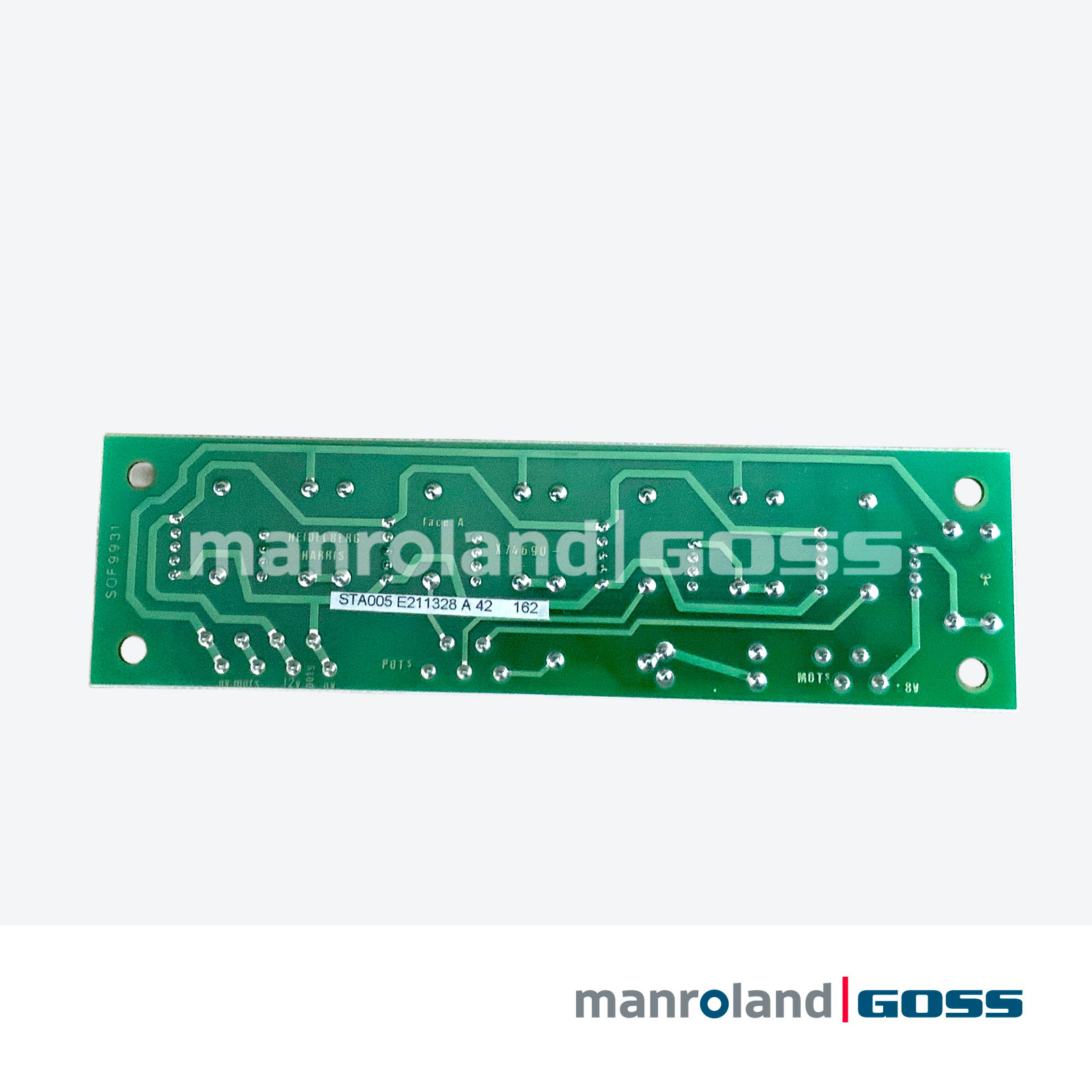 Verso PCB Heidelberg Harris STA005 E211328 A42 162, face A avec pistes de cuivre et annotations POTS MOTS 8V