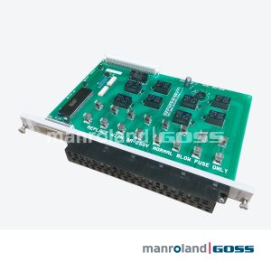Carte Siemens SIMATIC 505-4908 vue oblique, 8 relais miniatures gris, 8 porte-fusibles avec fusibles, avertissement fusible 9A 250V Normal Blow Only, bornier noir bas, connecteur ISA