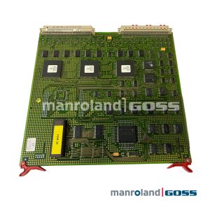 Carte electronique traitement signal manrolandGoss WM.5644720 - grande carte PCB vert avec 3 processeurs LMD90 QFP, connecteur bus ELCO 5062 dore en haut, clips rouge en bas, etiquette jaune HAK 36 etiquette blanche Board 11, memoires DIP et composants logiques