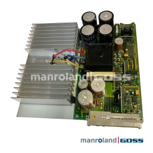 Carte electronique alimentation manrolandGoss WM.8118651555 - PCB vert avec dissipateur aluminium ailettes, 5 condensateurs electrolytiques noirs, transformateur, cables rouge bleu jaune vert, fusible T16A, composants SMD, etiquette WM 03 NT 00 216432.1100