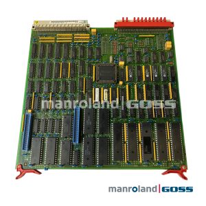 Carte electronique memoire manrolandGoss WM.8118654358 - PCB vert avec FPGA central QFP PA82111B0, rangees ICs DIP noirs, 2 memoires XICOR X0300NP-20, connecteurs bus dorés et rouges en tete, clips rouge en bas, etiquettes 00.781.3489