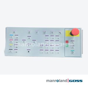 Clavier industriel WM.5751538 face avant - touches S1/S2/S3/S4 barres couleur cyan rouge jaune noir, pictogrammes fonctions, navigation 4 fleches, pave numerique, arret urgence rouge fond jaune, LEDs vert rouge